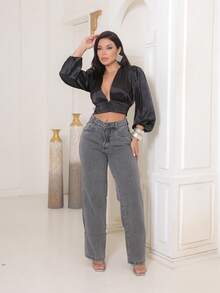 Gaven Women's Wide Leg 100% Jeans, Premium Thick Marbled Fabric, High Waist - Xám - Xem 1