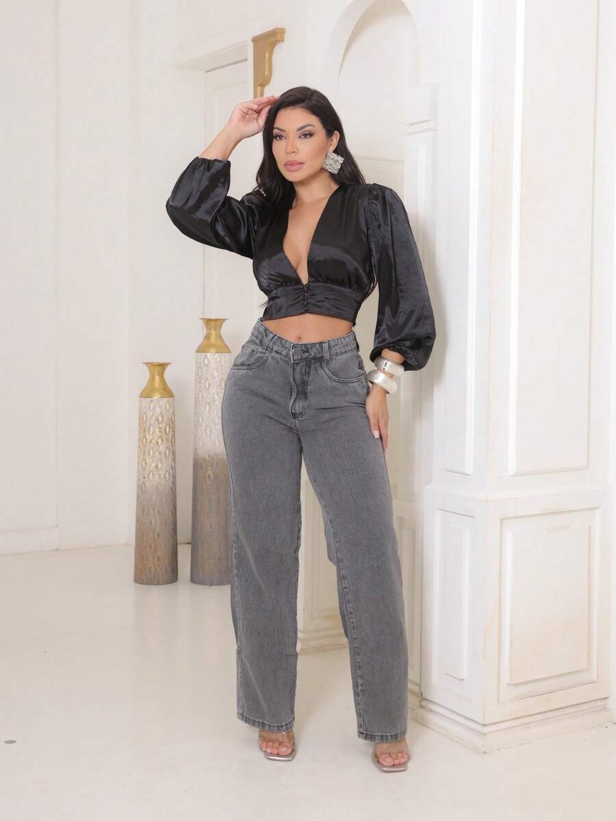 Gaven Women's Wide Leg 100% Jeans, Premium Thick Marbled Fabric, High Waist - Xám - Xem 1