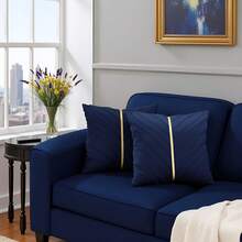 Navy Blue Velvet Throw Pillow Covers 18 X 18 Inch Pack Of 2 With Gold Leather Decor For Couch, Luxury Modern Pillowcases For Living Room, Bedroom Sofa Cushion Bed - 藏蓝色 - 查看 10