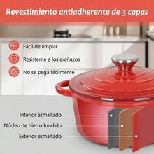 Olla de Hierro Fundido 4.0L tipo Dutch Oven para Horno y Estufa, Horno Holands Esmaltado con Tapa, Cacerola Antiadherente de Coccin Uniforme para Hornear y Asar, Tamao 24, Rojo - 24 cm - Ver 7