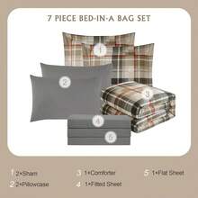 King Comforter Set, Classic Red Black Plaid-Piece Bedding Set, Farmhouse Lightweight All-Season Bed In A Bag With Sheets, Pillowcases & Shams, Home Decor - Khaki - View 7