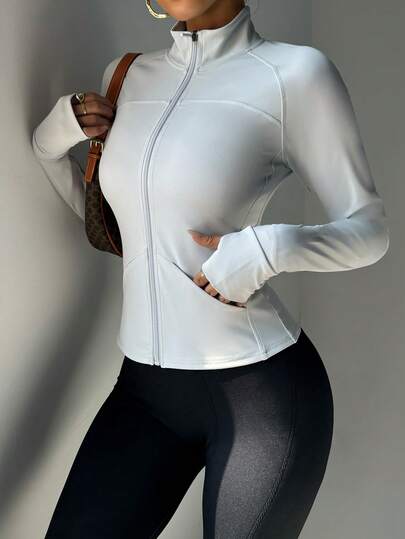FWH Stand-Up Collar Zipper Outdoor Running Yoga Pilates Hiking Jacket With Pockets, Thumb Holes, Long Sleeves, Sun Protection, Slimming Design, Stylish Back, Tummy Control, Elegant Streetwear Look. Versatile For Layering, Commuting, Dating, And Daily Wear. Basic Yet Chic, Comfortable, Casual, Sporty Yoga Jacket With Long Sleeves