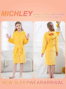 MICHLEY 1件儿童卡通黄色小鸭图案法兰绒柔软舒适浴袍，男女通用，适合客厅/泳池/浴室穿着，可作为生日礼物 - 小黃鴨 - 查看 7