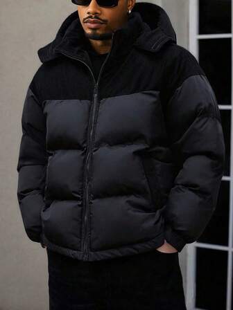 1 pieza Abrigo acolchado con capucha de pana retazos para hombre, adecuado para uso casual diario, abrigo acolchado de invierno