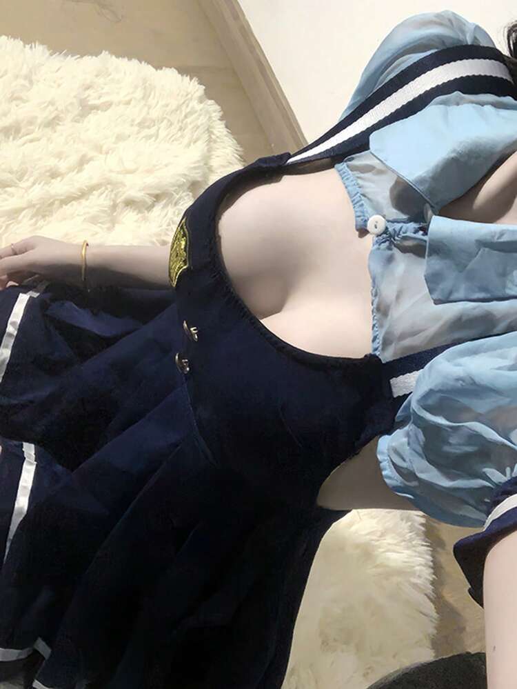 1 Set Sexy Rabbit Officer Dress, JK Pleated Suspender Skirt, Bunny Girl Campus Student Uniform Outfit - Blue - View 3
