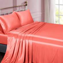 Silky Soft Pink Twin XL Satin Bed Sheets Set, 1 Deep Pocket Fitted Sheet + 1 Flat Sheet + 1 Pillowcase,  In 2025 - Coral - 查看 2