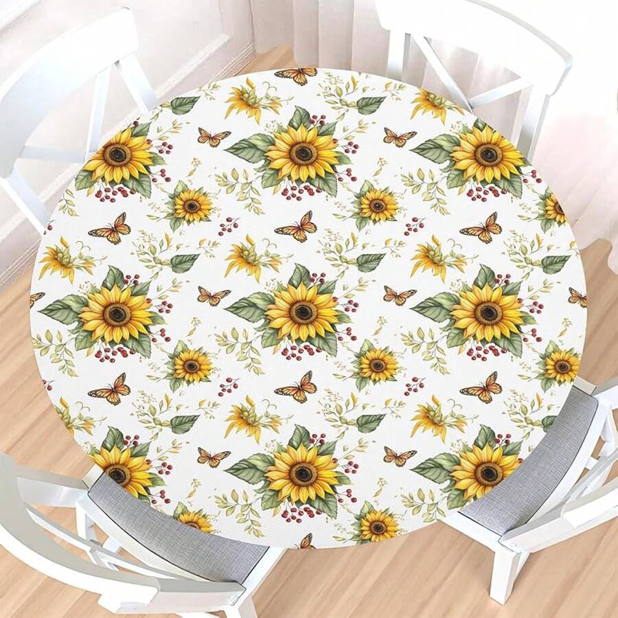 Water-Resistant Round Tablecloth With Elastic Edge For 40-44" Tables - Fresh-sunflower - View 1