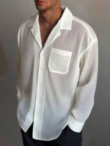 Áo sơ mi nam tay dài, rộng rãi, màu trơn, đơn hàng khuy, túi đi làm, thích hợp cho mùa xuân và mùa thu, thích hợp cho các buổi đi chơi hàng ngày, ở nhà, làm quà tặng ngày lễ, mùa thu - trắng - Xem 1
