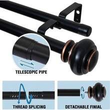 Doble barra de cortina 32 - 84 pulgadas, Barras de Cortina Negras para Ventanas, Cortineros para ventanas, con Terminales Redondos y Soportes, Resistente y Fcil de Instalar 80 - 200CM - 80-200 cm - Ver 2