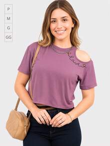 Cropped Blouse With Off-The-Shoulder Cutout And Shoulder Opening With Asymmetrical Love Viscolycra Localized Print On The Blog - 乾枯玫瑰色 - 查看 1