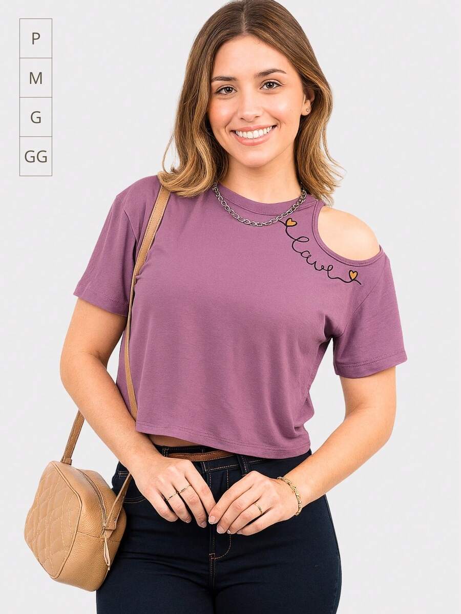 Cropped Blouse With Off-The-Shoulder Cutout And Shoulder Opening With Asymmetrical Love Viscolycra Localized Print On The Blog - 乾枯玫瑰色 - 查看 1