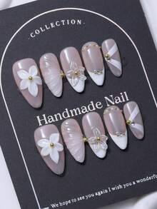 10件套按压式指甲，杏仁形指甲套，手绘法式3D立体雕刻图案，珍珠和钻石镶嵌。奢华纯手工装饰指甲。充满个性的Y2K风格。优雅大气。适合女士和女孩佩戴。 - 彩色 - 查看 3