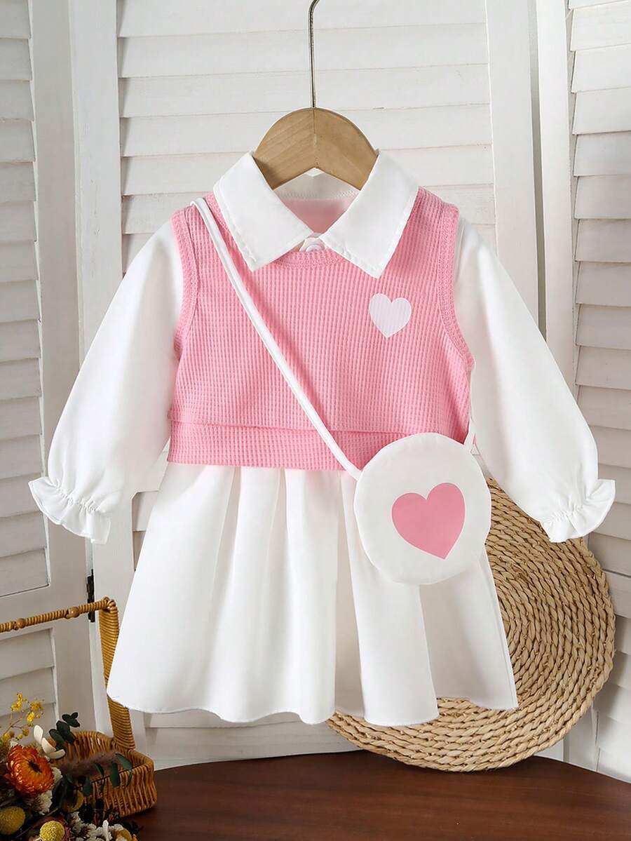 2pcs/Set Baby Girls' Sweet Outfit, White Collar Dress + Pink Heart Knitted Vest (Includes Heart Crossbody Bag), Princess Elegant & Cute Outfit For Daily Wear, Party, Gift - Multicolor - View 1
