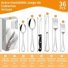 Cubiertos de Acero Inoxidable 36 Piezas, Juego de Cubiertos para 6 Personas, Incluye Cucharas Cuchillo Carne Tenedores, para Hogar Fiestas y Camping, Plata - Plateado - Ver 3