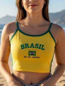 Embroidered Brazil Shirt Women's Thin Strap Suplex Fabric Tank Top - 黃色 - 查看 1