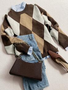 Autumn And Winter Fashionable, Comfortable, Warm, Diamond Pattern, Contrasting Colors, Round Neck, Long Sleeves, Loose Knit Sweater Pullover - Brown - View 4