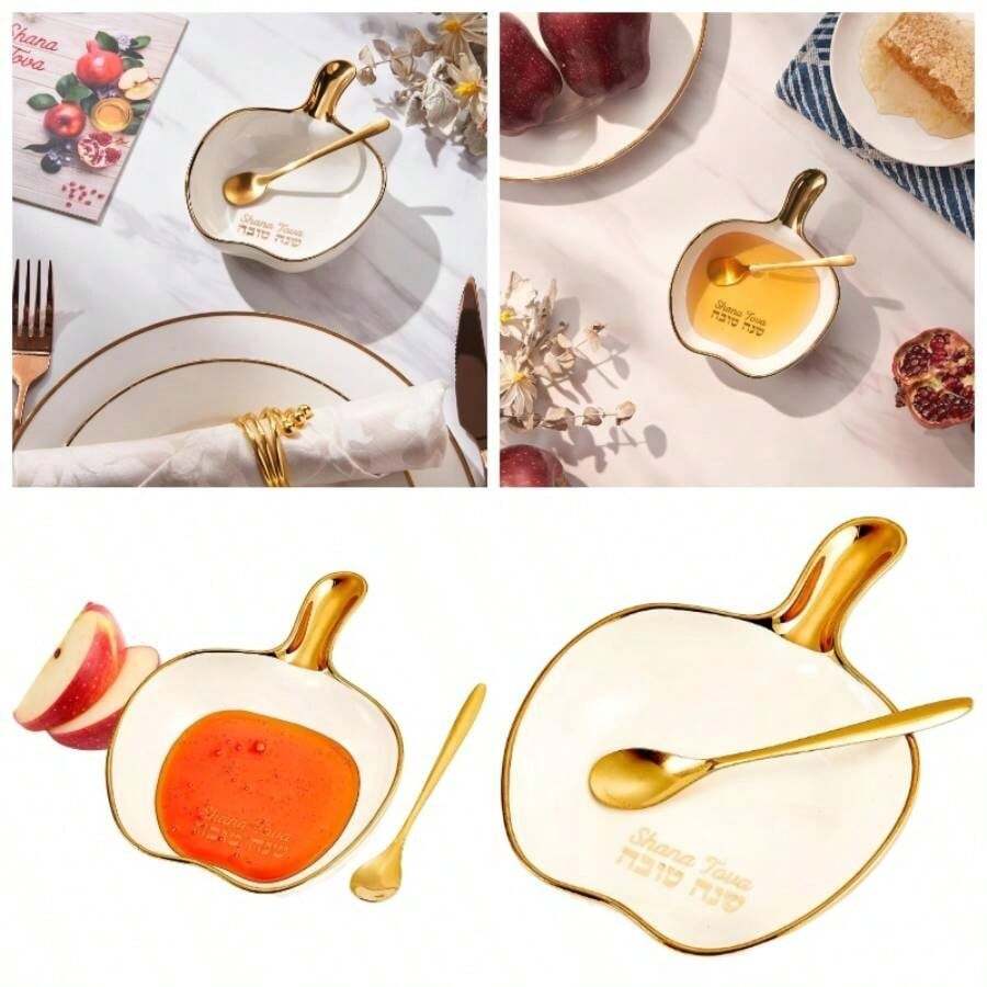 - Juego de platos de miel en forma de manzana, color dorado, regalo de juda de Ao Nuevo, accesorios de cocina, regalos de da festivo, decoracin de mesa Shana Tova, incluye - Dorado - Ver 1