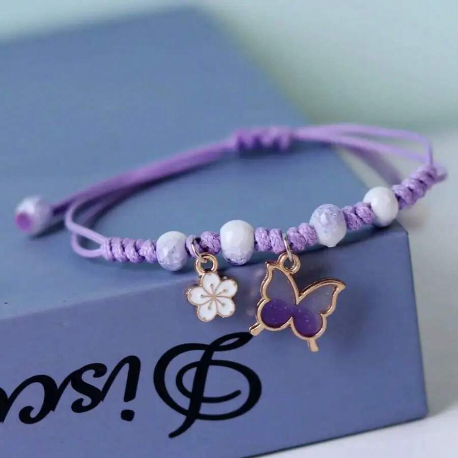 1pc Cute Butterfly Flower Charm Braided Bracelet, Girl Adjustable Hand Jewelry Holiday Gift, Butterfly Jewelry - 粉色 - 查看 1