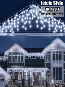 Solar Snowflake Icicle String Lights, 97/160 LED 16/27 Strands Christmas Lights For Indoor/Outdoor, IP65 Waterproof With 8 Modes Eave Lights, Suitable For Christmas, House, Garden, Trees, Yard, Stairs, Roof,Festival ,Party Decorations (Warm White/Multicolor/White)
