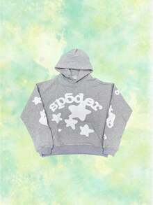 Y2K Star Pattern Sp5der Hoodie Street Zip Up Hoodie Men Goth Oversized Halloween Fall Long Sleeve Clothes - Xám - Xem 2