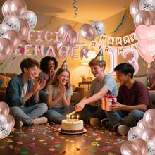 Rose Gold Themed 13th Birthday Party Drations With OFFICIAL TEENAGER Party Balloons HAPPY BIRTHDAY Banner For 13 Years Old Girls Birthday Party Supplies
