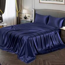 Silky Soft Pink Twin XL Satin Bed Sheets Set, 1 Deep Pocket Fitted Sheet + 1 Flat Sheet + 1 Pillowcase,  In 2025 - Navy Blue - View 1