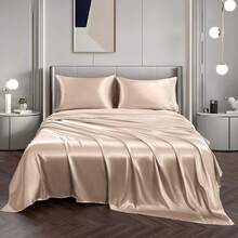 Silky Soft Pink Twin XL Satin Bed Sheets Set, 1 Deep Pocket Fitted Sheet + 1 Flat Sheet + 1 Pillowcase,  In 2025 - 琥珀米色 - 查看 4