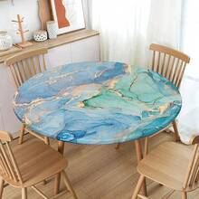 Water-Resistant Round Tablecloth With Elastic Edge For 40-44" Tables - Daily-teal Marble - View 9