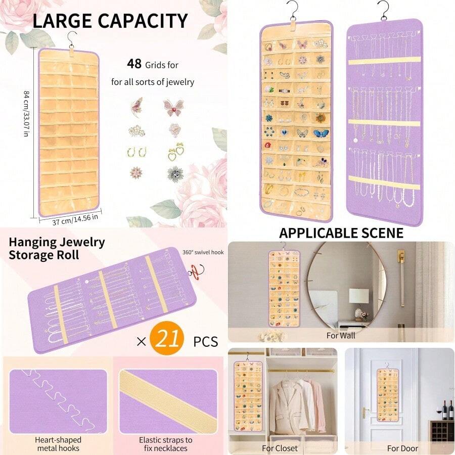 Hanging Jewelry Organizer Large DoubleSided Jewelry Storage Butterfly Necklace Holder Earrings Holder Organizer With Metal Hook For Door Closet Wall Black Purple