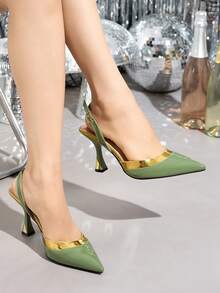 女士经典撞色尖头高跟鞋，时尚后跟带高跟鞋，优雅百搭，适合派对礼服、正式场合、秋冬季节，绿色高跟鞋，正式办公鞋，简约晚宴派对高跟鞋 - 綠色 - 查看 13
