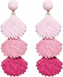 Raffia Dangle Earrings Women - Boho Statement Rattan Drop Jewelry With Design, Lightweight Summer Beach Accessories - Pink Ombre - View 7