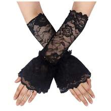 L'VOW 2Pcs Gothic Black Lace Feather Long Gloves For Women Halloween Witch Costume Swan Wristband Cuff{"Color_name":"Lace-Black"} - 蕾絲黑 - 查看 1