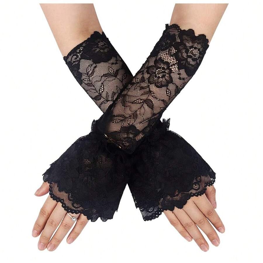 L'VOW 2Pcs Gothic Black Lace Feather Long Gloves For Women Halloween Witch Costume Swan Wristband Cuff{"Color_name":"Lace-Black"} - 蕾絲黑 - 查看 1