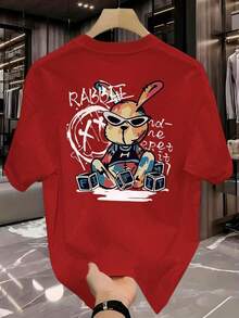 Men's Streetwear T-Shirt Rabbit Graffiti Rabbit Shirt 100% Cotton Premium T-Shirt - 紅色 - 查看 1