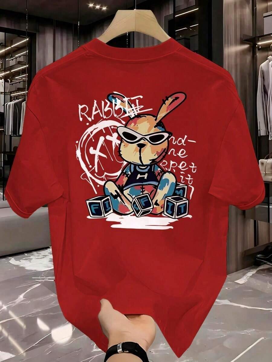 Men's Streetwear T-Shirt Rabbit Graffiti Rabbit Shirt 100% Cotton Premium T-Shirt - 紅色 - 查看 1