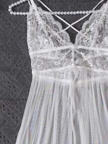 Set 2 buc. lenjerie intimă de mireasă din dantelă, plasă, transparentă, sexy, cu spate încrucișat, rochie lungă și tanga, pijamale, Rave