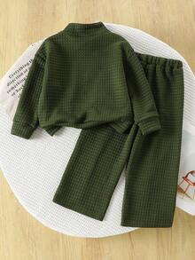 两件套女童休闲街头服饰，针织长袖上衣搭配阔腿裤，纯色格子套装，适合室内外休闲穿着。 - 軍綠色 - 查看 2