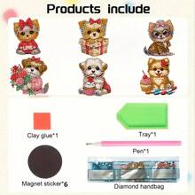6pcs Diamond Painting Kit, Cute Cartoon Animal Theme - Lovely Dog Pattern, Handmade Multi-Color Fridge Decor For Party, Daily Use, Fridge, Car, Valentine's Day Gift - Multicolor - View 6