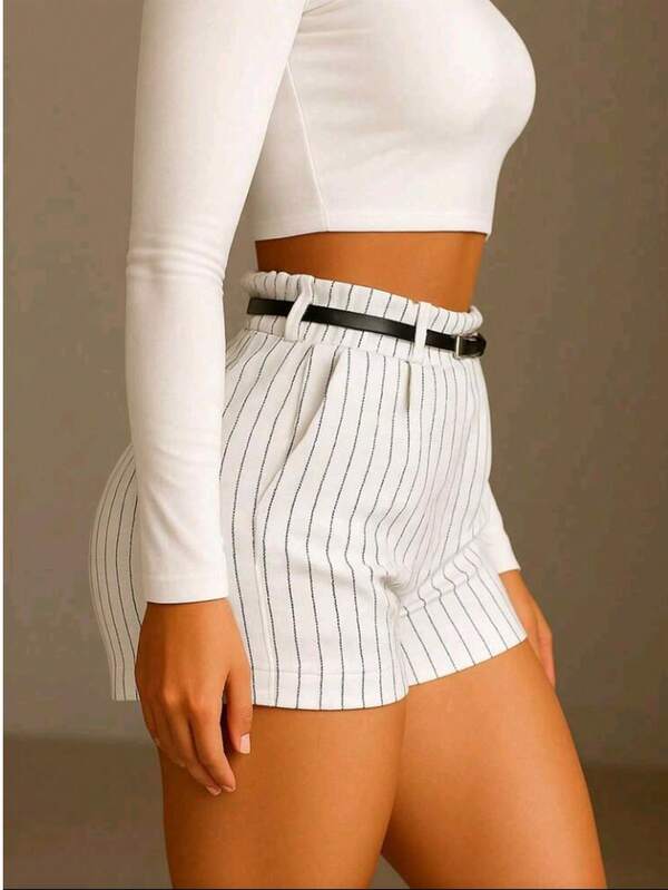 Shorts Femininos De Cintura Alta Com Listras e Cinto, Para Uso Casual No Verão