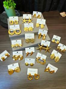 16 Pairs - 18K Gold-Plated Stainless Steel Earrings - Featuring A Variety Of Leaves, Flowers, Shells And Geometric Patterns, Suitable For Daily Wear And As Gifts. Valentine's Day Accessories - Elegant Earrings - Durable Earrings