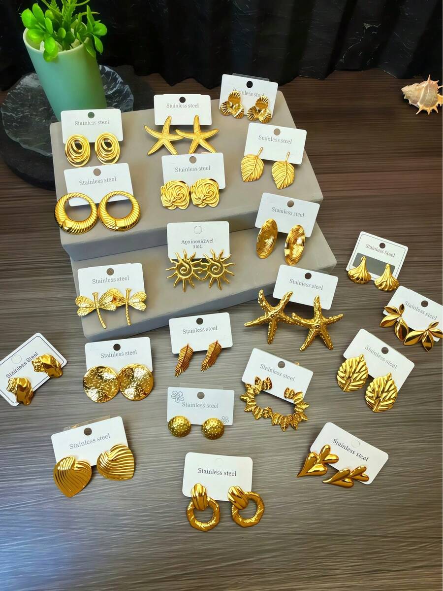 16 Pairs - 18K Gold-Plated Stainless Steel Earrings - Featuring A Variety Of Leaves, Flowers, Shells And Geometric Patterns, Suitable For Daily Wear And As Gifts. Valentine's Day Accessories - Elegant Earrings - Durable Earrings