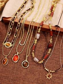 1 pieza Collar con colgante de ojo de tigre vintage, joyería de mujer con capas de colores otoñales/invernales, accesorio retro casual