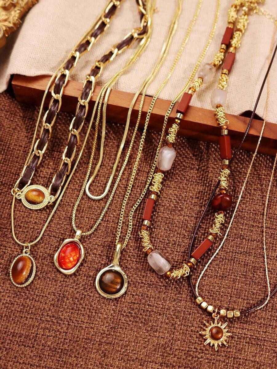 1 pieza Collar con colgante de ojo de tigre vintage, joyería de mujer con capas de colores otoñales/invernales, accesorio retro casual