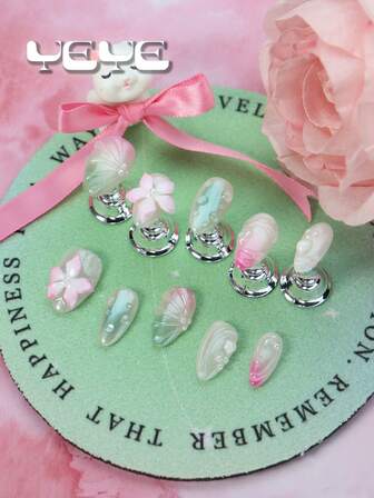 Get Romantic With 10pcs Short Almond Shape Cottagecore Gradient Rose Red Aquamarine Pearl White Charming Full Coverage Acrylic Fake Nails Kit Handmade 3d Three-Dimensional Decoration Flower Shell Line Japanese Style Full Cover Acrylic Press On Nail Set For Women And Girls & 1pc Mini Nail File & 1 Sheet Adhesive Tabs