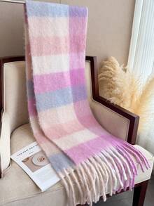 1 Pc Women Winter Scarf Horsehair Colored Striped Plaid Imitate Cashmere Shawls And Wraps Thick Warm Lady's Fashion Tassel Pull Plush Scarves Outdoor Women Shawl For Dress