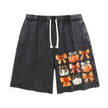 Men's Oversized Black Cotton Shorts With Pumpkin And Bow Embroidery Print, Casual Streetwear Style For Autumn Festival Outfits - 黑色 - 查看 5