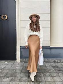 TIMELESS, ELEGANT, VERSATILE, LONG, SILK SATIN MIDI SKIRT - Vàng - Xem 8