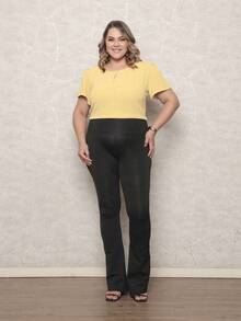 ONLYONE - PLUS SIZE WOMEN'S BLOUSE, SHORT SLEEVE PRINCESS, PLEATES ON THE NECKLINE, LIGHT DUNES - ELEGANT WOMEN'S BLOUSES, LARGE - 黃色 - 查看 4
