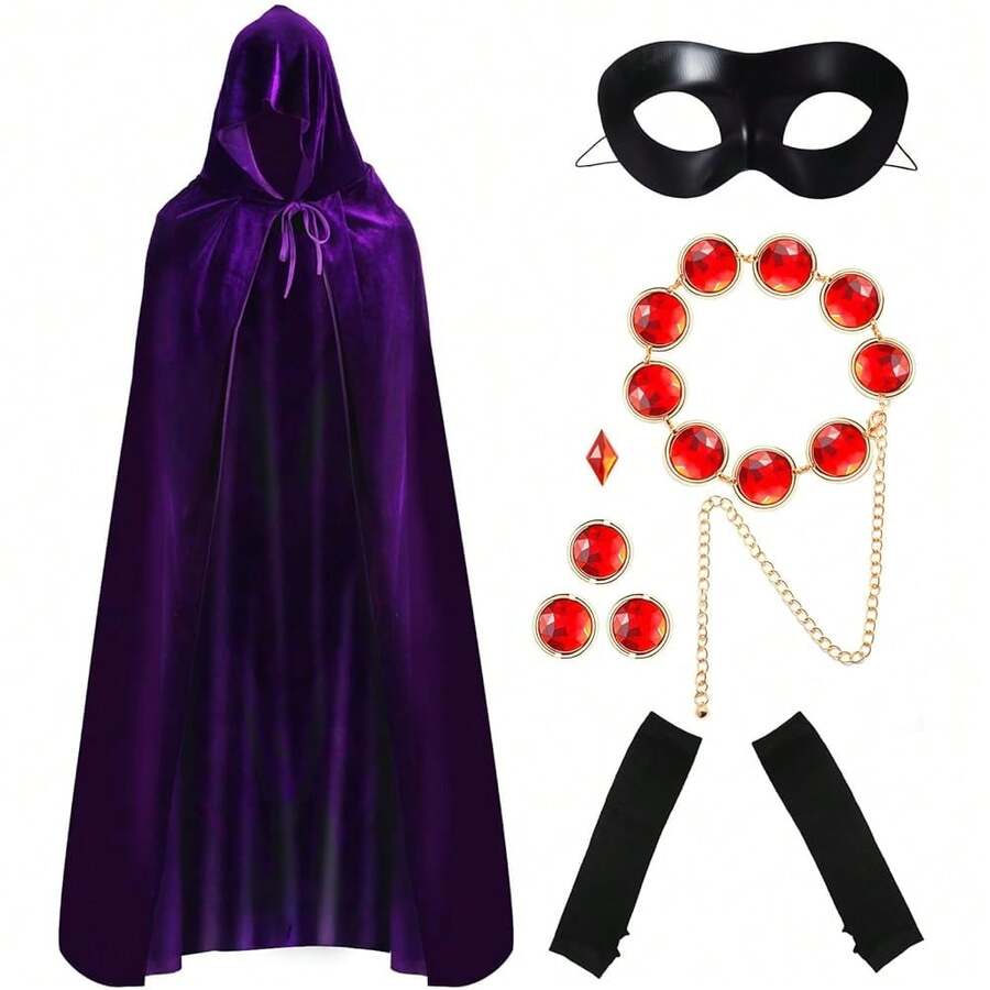 6Pcs Halloween Purple Cloak Cosplay Set For Women Hooded Cape Anime Cos Adjustable Red Gem Waist Gloves Eye Mask{"Size_name":"Medium"} - Medium - 查看 1