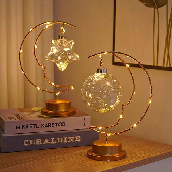 1 lâmpada em formato de lua em ferro dourado, luz noturna decorativa de estrela para o Ramadã, adequada para decorações externas do festival Mubarak em casa, quarto, ambiente de festa (bateria não incluída)